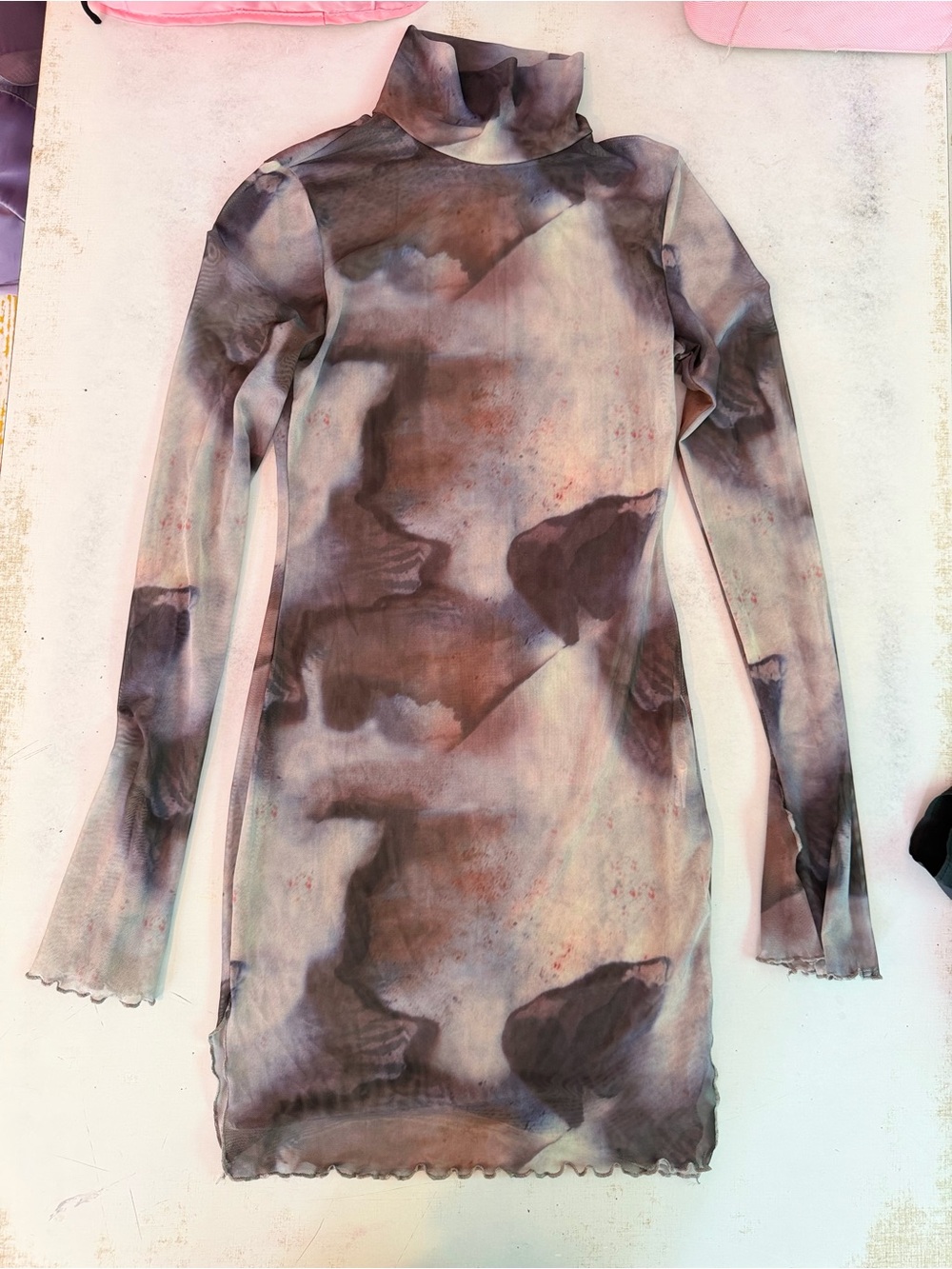 Sheer Mock Neck Bodycon Dress in Muted Brown-Grey Print